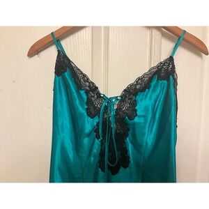 Fredericks of Hollywood Teal Satin Lace Chemise Nightgown Y2K Style 44782 Medium